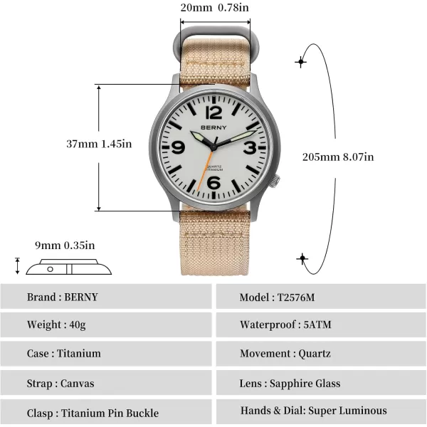 BERNY Titanium Watch for Men Japanese Sweep Second Quartz Movement VH31 5ATM Waterproof Analog Quartz Watch Super Luminous Sapphire GlassCanvasWhite