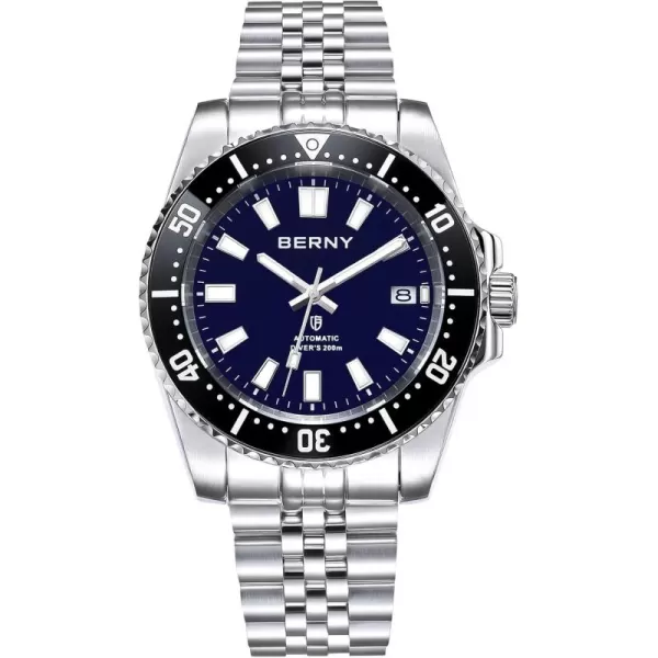 BERNY Dive Watch for Men AR Coating Sapphire Glass Rotating Bezel Automatic Wristwatch with Screwin Crown 20ATM Waterproof Stainless Steel Bracelet Watches Super Luminous WhiteBlue