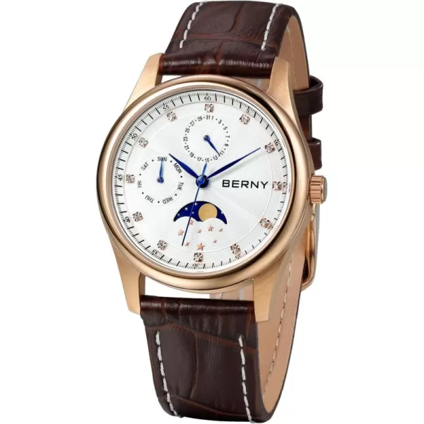 BERNY Womens MultiFunction Watch with Calendar and Moon Phase Watch  Stainless Steel Case and Leather BandRose Gold