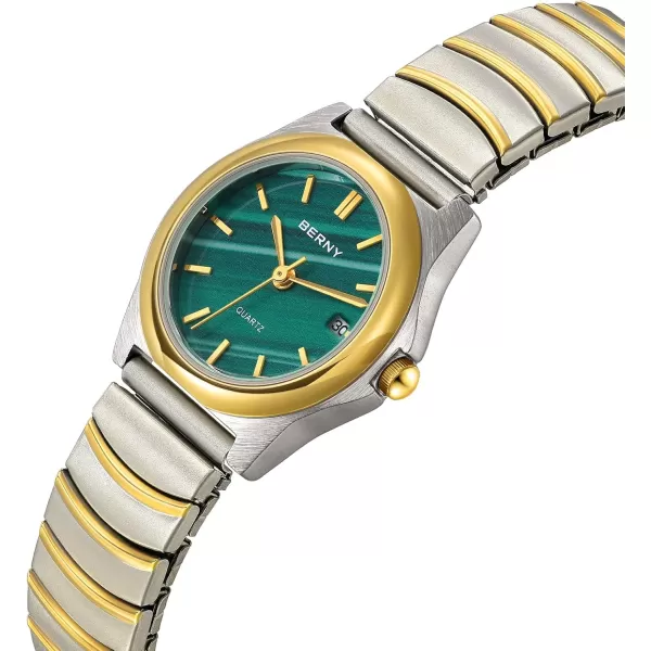 imageBERNY Dainty Watches for Women with Elastic Band Ladies Analog Quartz Watch Ultra Thin GoldenSilver TwoTone Stainless Steel Expansion Strap 3ATM WaterproofGreen