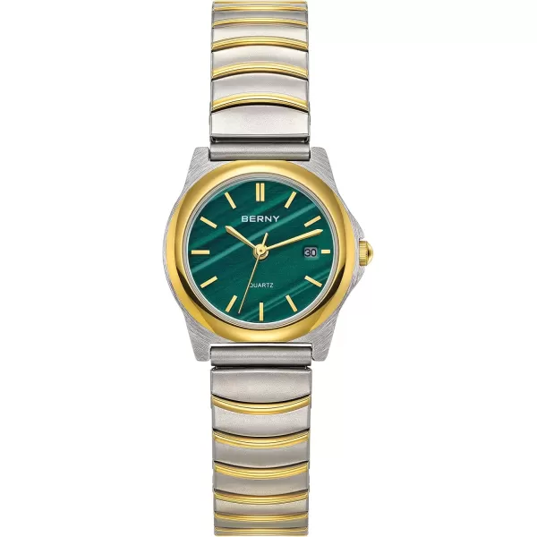 imageBERNY Dainty Watches for Women with Elastic Band Ladies Analog Quartz Watch Ultra Thin GoldenSilver TwoTone Stainless Steel Expansion Strap 3ATM WaterproofGreen