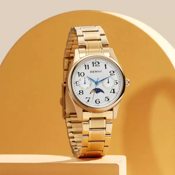 imageBERNY Gold Watch for Women Moon Phase Watches Ladies Quartz Wristwatch Easy Read Arabic Numerals Dial MultiFunction Analog Watches Stainless Steel Case Subdail with Date Day CalendarGold