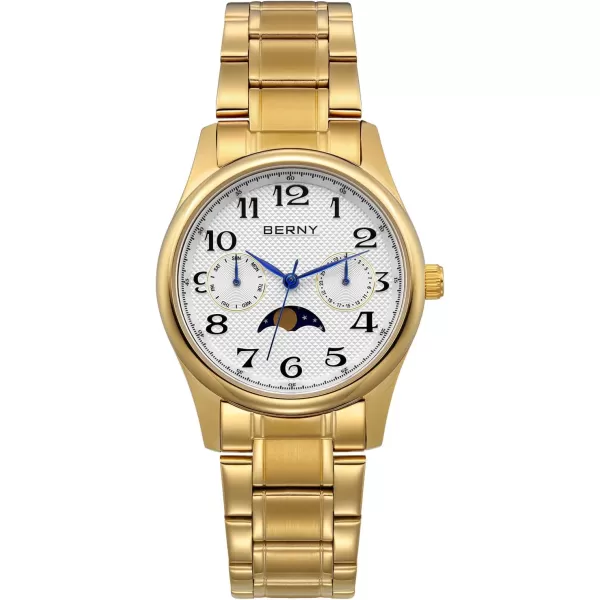 imageBERNY Gold Watch for Women Moon Phase Watches Ladies Quartz Wristwatch Easy Read Arabic Numerals Dial MultiFunction Analog Watches Stainless Steel Case Subdail with Date Day CalendarGold