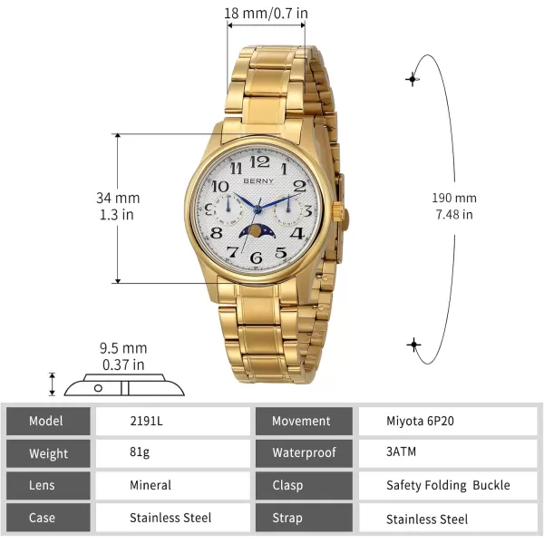 imageBERNY Gold Watch for Women Moon Phase Watches Ladies Quartz Wristwatch Easy Read Arabic Numerals Dial MultiFunction Analog Watches Stainless Steel Case Subdail with Date Day CalendarGold