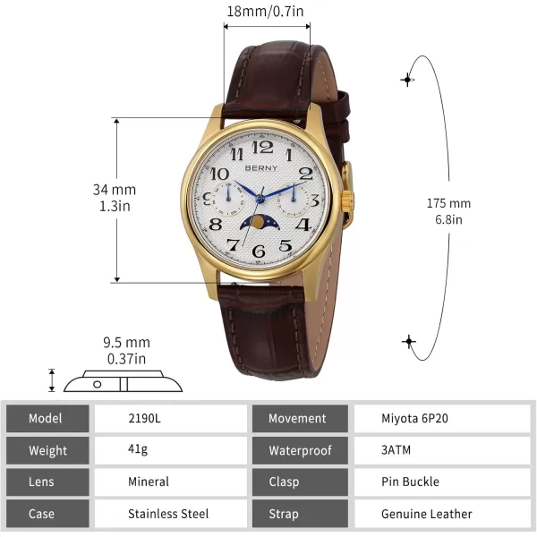 imageBERNY Gold Watch for Women Moon Phase Watches Ladies Quartz Wristwatch Easy Read Arabic Numerals Dial MultiFunction Analog Watches Stainless Steel Case Subdail with Date Day CalendarBrown