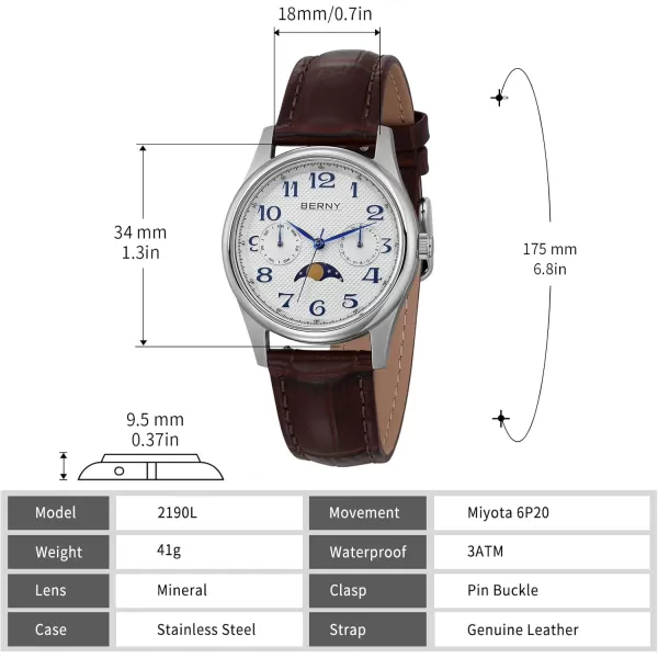 imageBERNY Silver Watch for Women Moon Phase Watches Ladies Quartz Wristwatch Easy Read Arabic Numerals Dial MultiFunction Analog Watches Stainless Steel Case Subdail with Date Day CalendarLeatherWhite