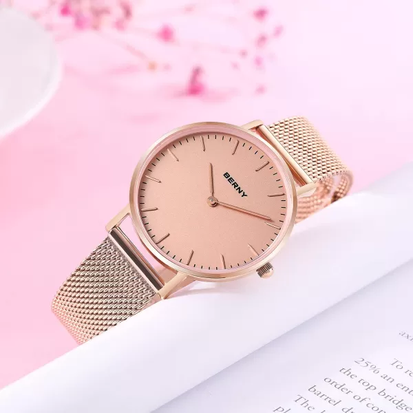 imageBERNY Watches for Women Two Hands Rose Gold Quartz Ladies Watch  Bracelet Minimalist Fashion Waterproof Wristwatch UltraThin Design and Mesh Strap2693LRG34mm