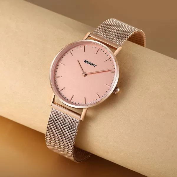 imageBERNY Watches for Women Two Hands Rose Gold Quartz Ladies Watch  Bracelet Minimalist Fashion Waterproof Wristwatch UltraThin Design and Mesh Strap2693LRG34mm