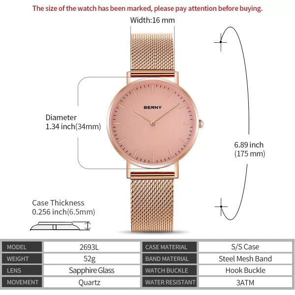 imageBERNY Watches for Women Two Hands Rose Gold Quartz Ladies Watch  Bracelet Minimalist Fashion Waterproof Wristwatch UltraThin Design and Mesh Strap2693LRG34mm