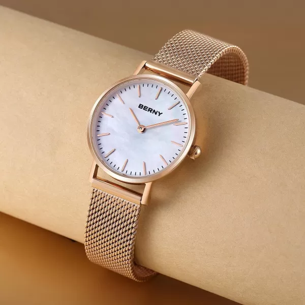 imageBERNY Watches for Women Two Hands Rose Gold Quartz Ladies Watch  Bracelet Minimalist Fashion Waterproof Wristwatch UltraThin Design and Mesh Strap2693LSRG28mm