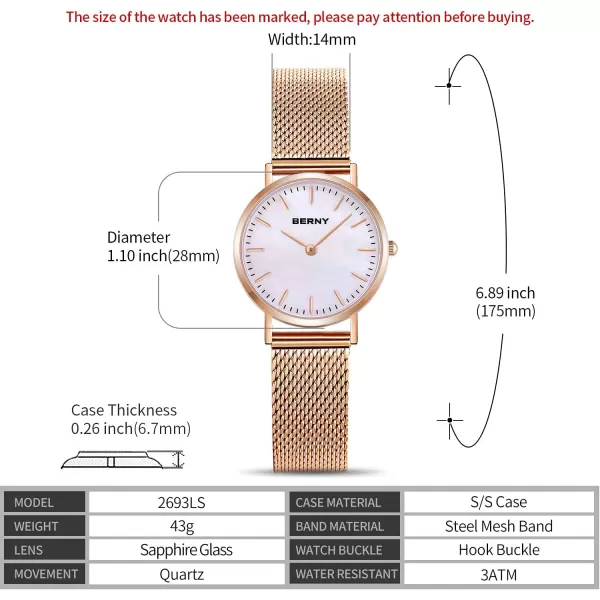 imageBERNY Watches for Women Two Hands Rose Gold Quartz Ladies Watch  Bracelet Minimalist Fashion Waterproof Wristwatch UltraThin Design and Mesh Strap2693LSRG28mm