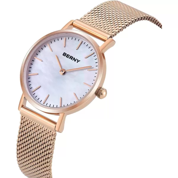 imageBERNY Watches for Women Two Hands Rose Gold Quartz Ladies Watch  Bracelet Minimalist Fashion Waterproof Wristwatch UltraThin Design and Mesh Strap2693LSRG28mm