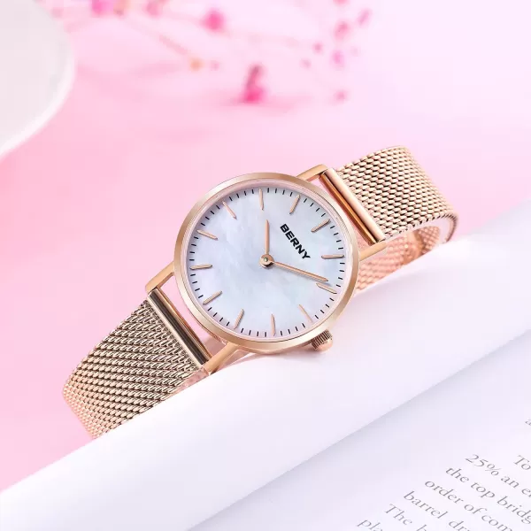 imageBERNY Watches for Women Two Hands Rose Gold Quartz Ladies Watch  Bracelet Minimalist Fashion Waterproof Wristwatch UltraThin Design and Mesh Strap2693LSRG28mm