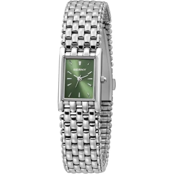 imageBERNY Silver Watches for Women Vintage Ladies Wrist Watch Dainty Rectangle Shape Japanese Quartz Movement 3ATM Waterproof All Stainless Steel Fashion Female Bracelet Birthday GiftsLight Green