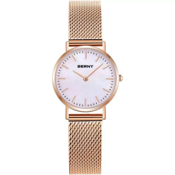 imageBERNY Watches for Women Two Hands Rose Gold Quartz Ladies Watch  Bracelet Minimalist Fashion Waterproof Wristwatch UltraThin Design and Mesh Strap2693LSRG28mm