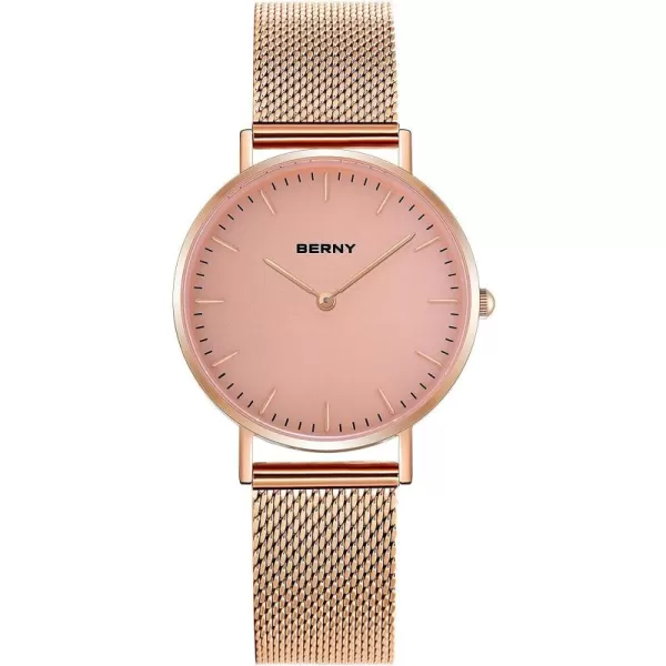 imageBERNY Watches for Women Two Hands Rose Gold Quartz Ladies Watch  Bracelet Minimalist Fashion Waterproof Wristwatch UltraThin Design and Mesh Strap2693LRG34mm