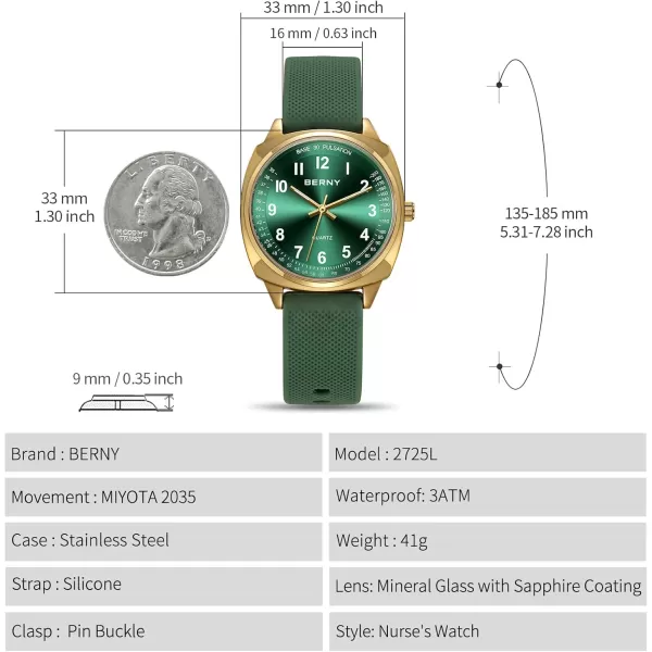 imageBERNY Nurse Watch with Second Hand Nursing Analog Wrist Watch for Nurse Medical Professionals Students Women Men Easy Read Dial with Pulse Meter Function 12 Hour Military Time 30M WaterproofGreen