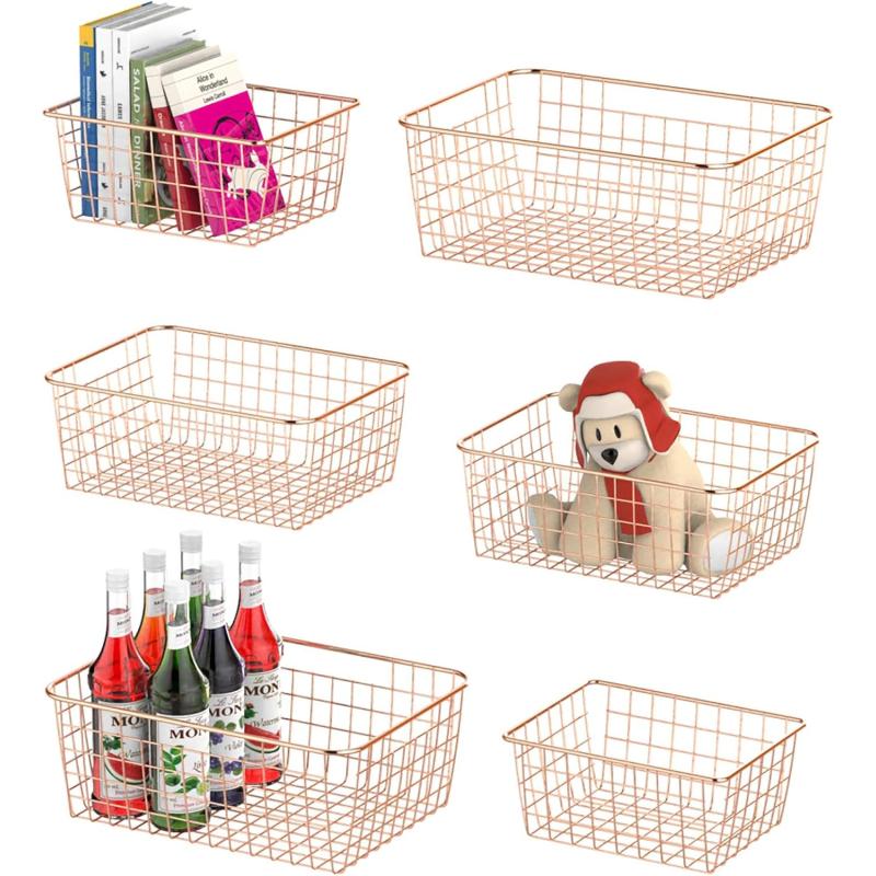 Wire Storage Basket Fcolor 6 Pack Multi Size Metal Baskets for Storage Organizer for Pantry Shelf Freezer Kitchen Cabinet Bathroom Rose GoldRose Gold