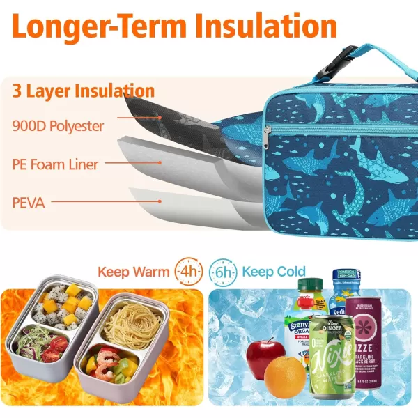 Fcolor Lunch Bags Kids Insulated Lunch Boxes Bag Girls Boys Stylish Food Grade Kids lunch boxes for Toddler Girls Boys School Shark