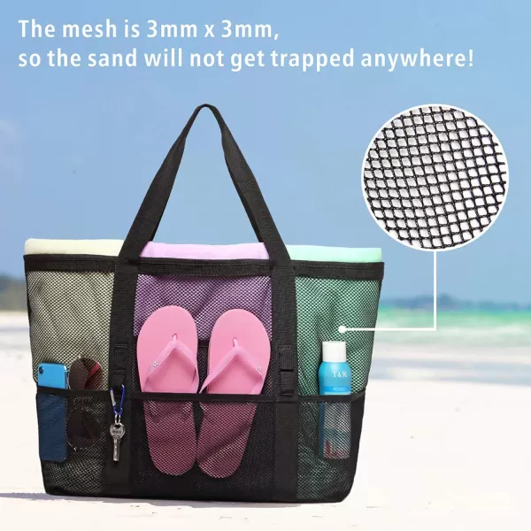 Fcolor Mesh Beach Bag Family  Beach Tote 9 Pockets Beach Towel BagBlack