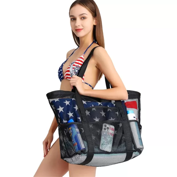 Fcolor Mesh Beach Bag Family  Beach Tote 9 Pockets Beach Towel BagBlack