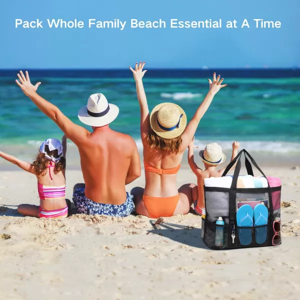 Fcolor Mesh Beach Bag Family  Beach Tote 9 Pockets Beach Towel BagBlack