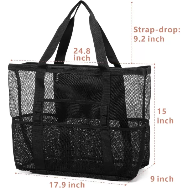 Fcolor Mesh Beach Bag Family  Beach Tote 9 Pockets Beach Towel BagBlack