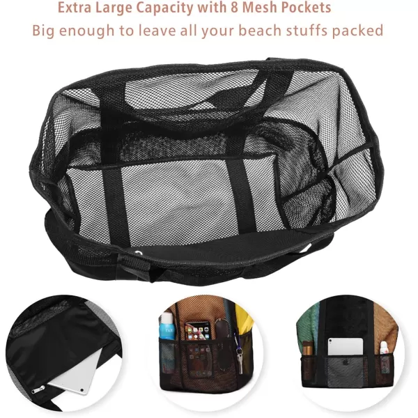 Fcolor Mesh Beach Bag Family  Beach Tote 9 Pockets Beach Towel BagBlack
