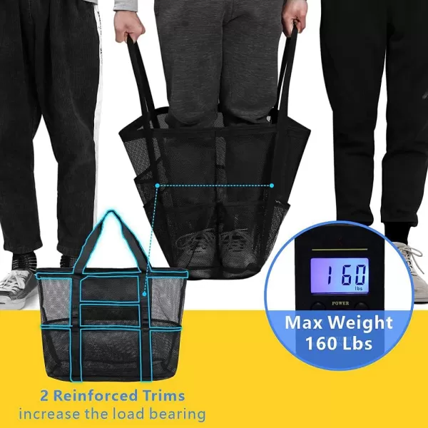 Fcolor Mesh Beach Bag Family  Beach Tote 9 Pockets Beach Towel BagBlack