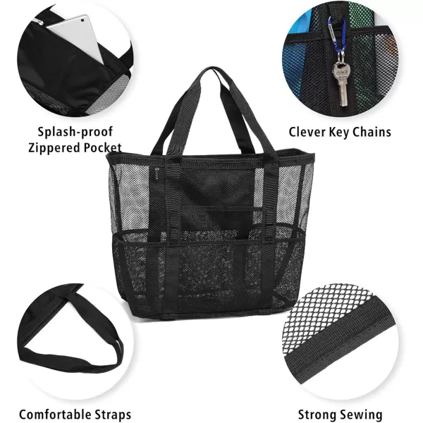 Fcolor Mesh Beach Bag Family  Beach Tote 9 Pockets Beach Towel BagBlack