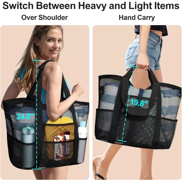 Fcolor Mesh Beach Bag Family  Beach Tote 9 Pockets Beach Towel BagBlack Handle