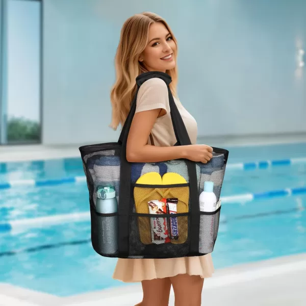 Fcolor Mesh Beach Bag Family  Beach Tote 9 Pockets Beach Towel BagBlack Handle