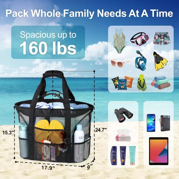 Fcolor Mesh Beach Bag Family  Beach Tote 9 Pockets Beach Towel BagBlack Handle