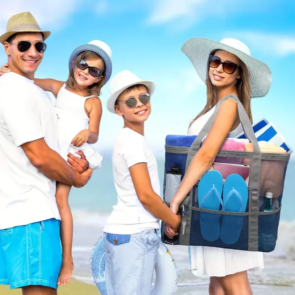 Fcolor Mesh Beach Bag Family  Beach Tote 9 Pockets Beach Towel BagBlue