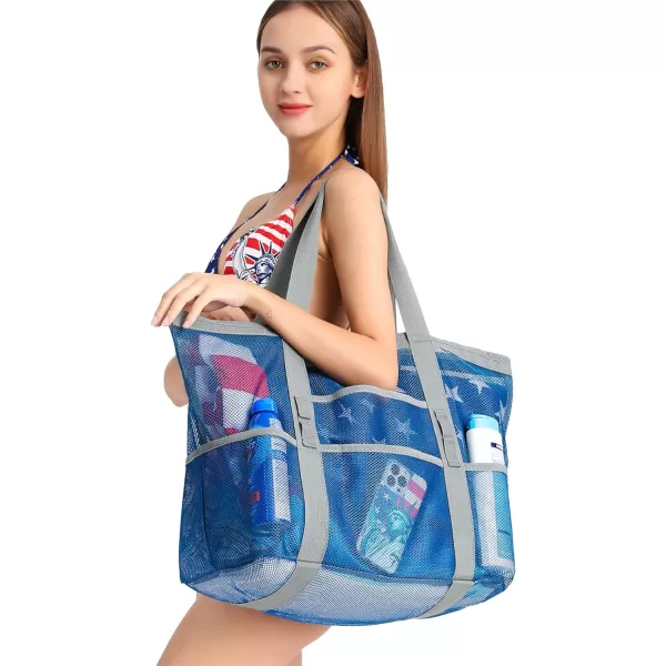 Fcolor Mesh Beach Bag Family  Beach Tote 9 Pockets Beach Towel BagBlue