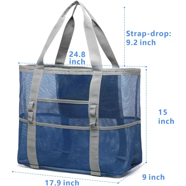 Fcolor Mesh Beach Bag Family  Beach Tote 9 Pockets Beach Towel BagBlue