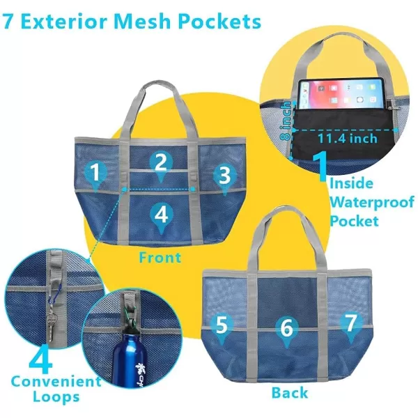 Fcolor Mesh Beach Bag Family  Beach Tote 9 Pockets Beach Towel BagBlue