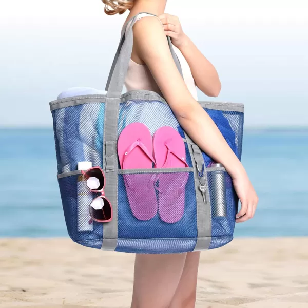 Fcolor Mesh Beach Bag Family  Beach Tote 9 Pockets Beach Towel BagBlue