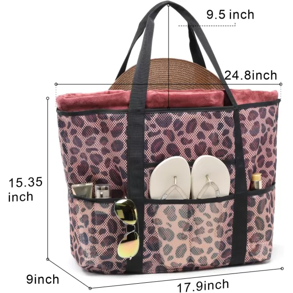 Fcolor Mesh Beach Bag Family  Beach Tote 9 Pockets Beach Towel BagBrown Leopard