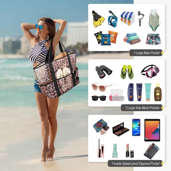 Fcolor Mesh Beach Bag Family  Beach Tote 9 Pockets Beach Towel BagBrown Leopard