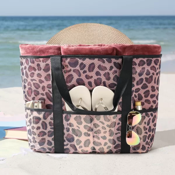 Fcolor Mesh Beach Bag Family  Beach Tote 9 Pockets Beach Towel BagBrown Leopard