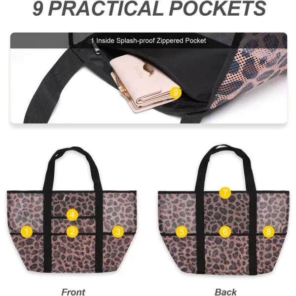 Fcolor Mesh Beach Bag Family  Beach Tote 9 Pockets Beach Towel BagBrown Leopard