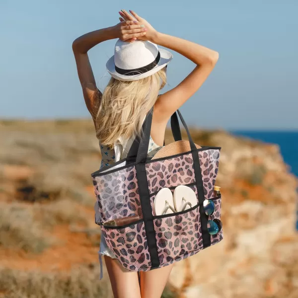 Fcolor Mesh Beach Bag Family  Beach Tote 9 Pockets Beach Towel BagBrown Leopard