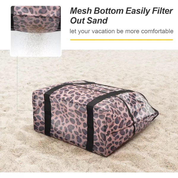 Fcolor Mesh Beach Bag Family  Beach Tote 9 Pockets Beach Towel BagBrown Leopard
