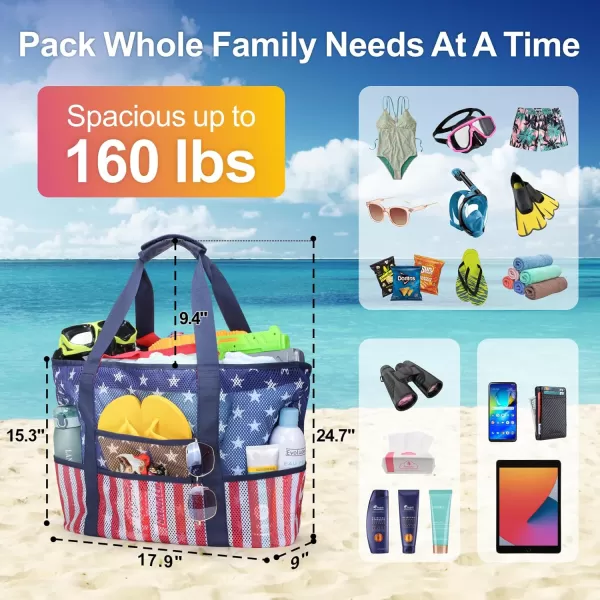 Fcolor Mesh Beach Bag Family  Beach Tote 9 Pockets Beach Towel BagFlag