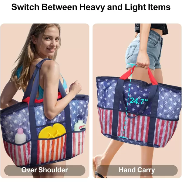 Fcolor Mesh Beach Bag Family  Beach Tote 9 Pockets Beach Towel BagFlag