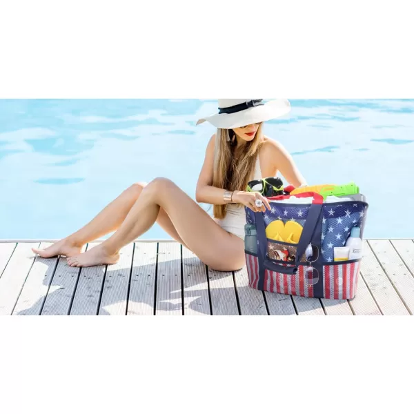 Fcolor Mesh Beach Bag Family  Beach Tote 9 Pockets Beach Towel BagFlag