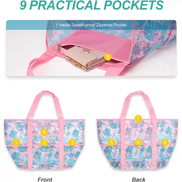 Fcolor Mesh Beach Bag Family  Beach Tote 9 Pockets Beach Towel BagFlamingo