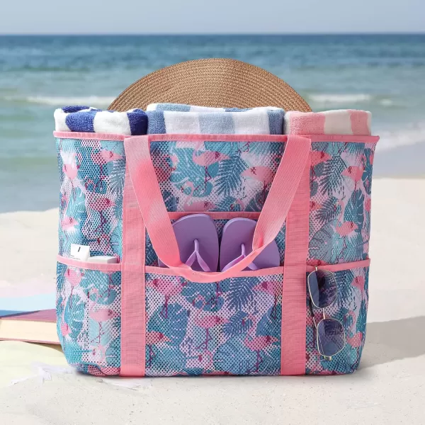 Fcolor Mesh Beach Bag Family  Beach Tote 9 Pockets Beach Towel BagFlamingo