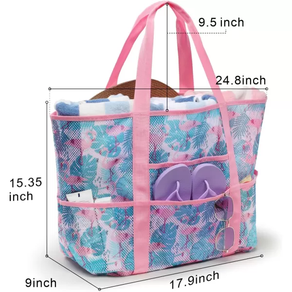 Fcolor Mesh Beach Bag Family  Beach Tote 9 Pockets Beach Towel BagFlamingo